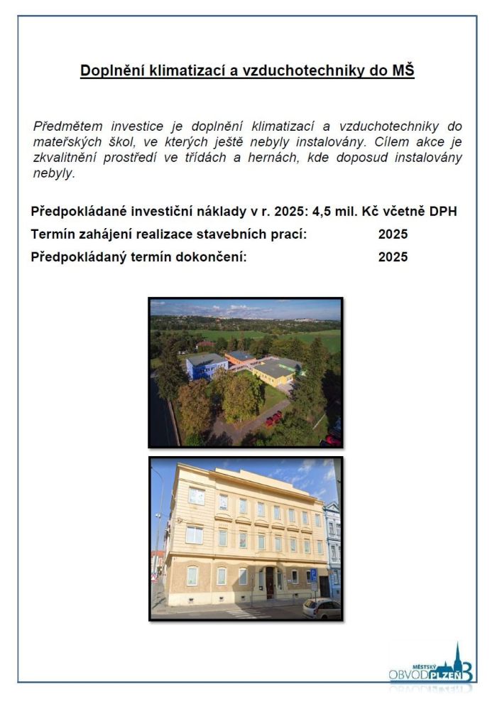 Doplnění klimatizace a vzduchotechniky do MŠ Doplnění klimatizace a vzduchotechniky do MŠ
