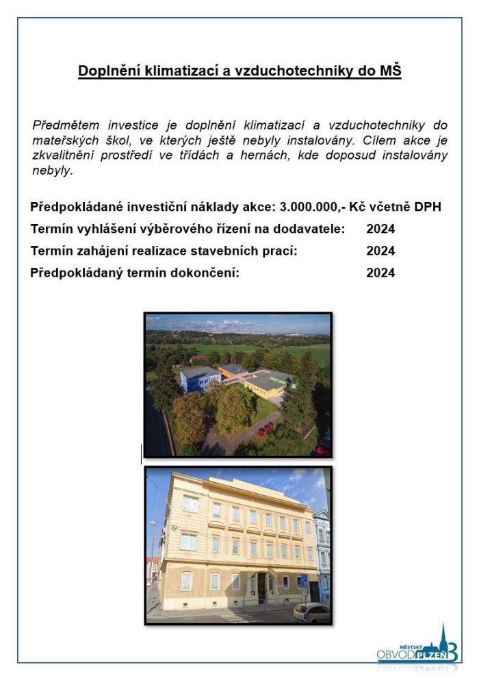 Doplnění klimatizací a vzduchotechniky do MŠ Doplnění klimatizací a vzduchotechniky do MŠ