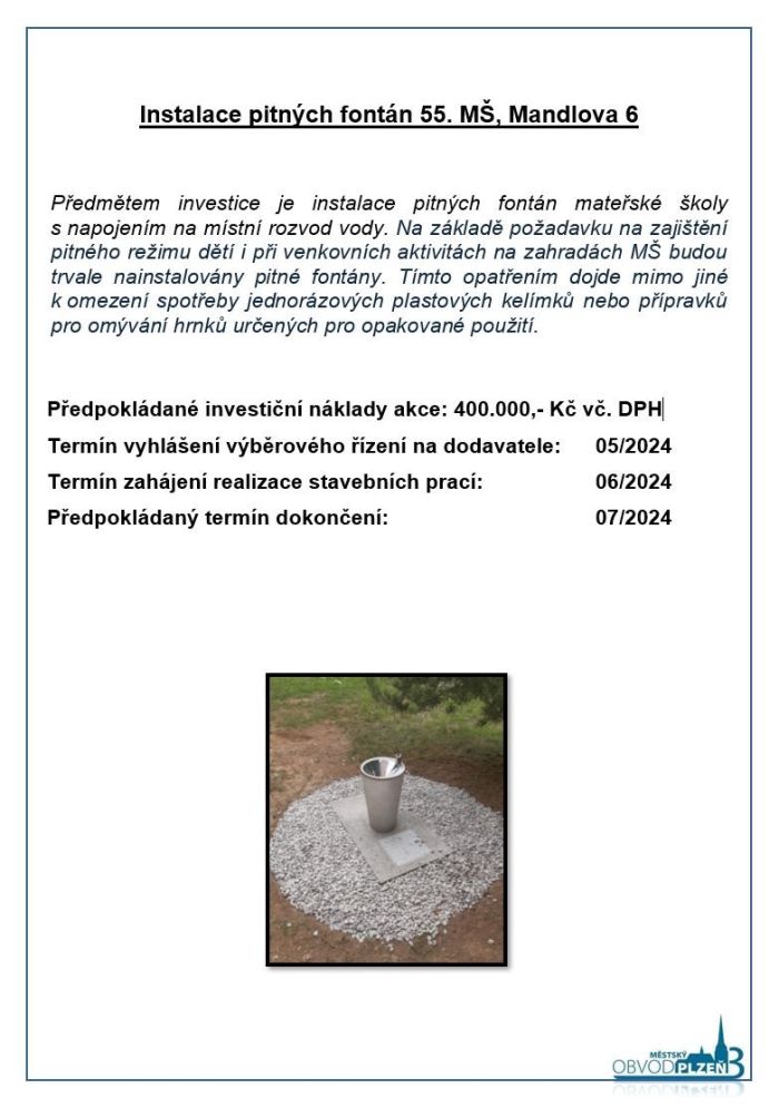 Instalace pitných fontán Mandlova Instalace pitných fontán Mandlova