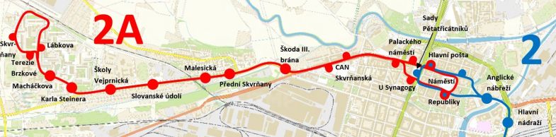 mapa 2,2A výluka Skvrňany - nám. Republiky