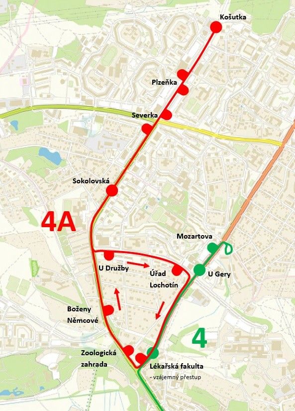 mapa 4 a&nbsp;4A Košutka-Lékařská fakulta mapa