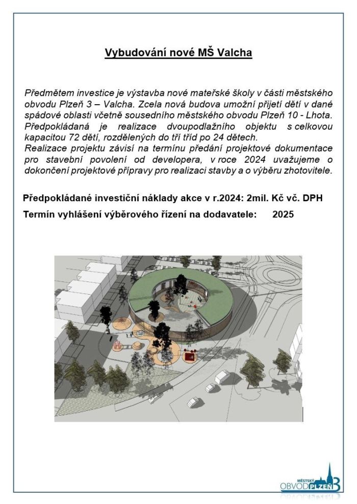 Vybudování nové MŠ Valcha Vybudování nové MŠ Valcha